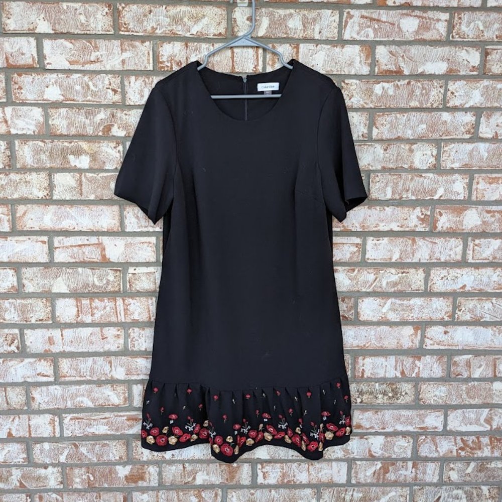 Calvin Klein 14 Black Embroidered Floral Flower Shift Dress Short Sleeves